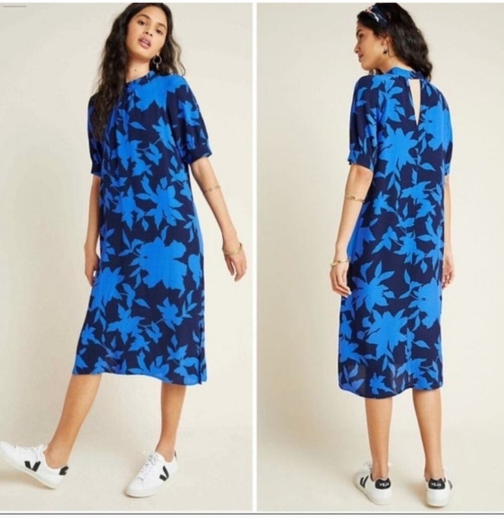 Anthropologie Blue Floral Midi Dress | Size Medium | Short Sleeve Shift Dress